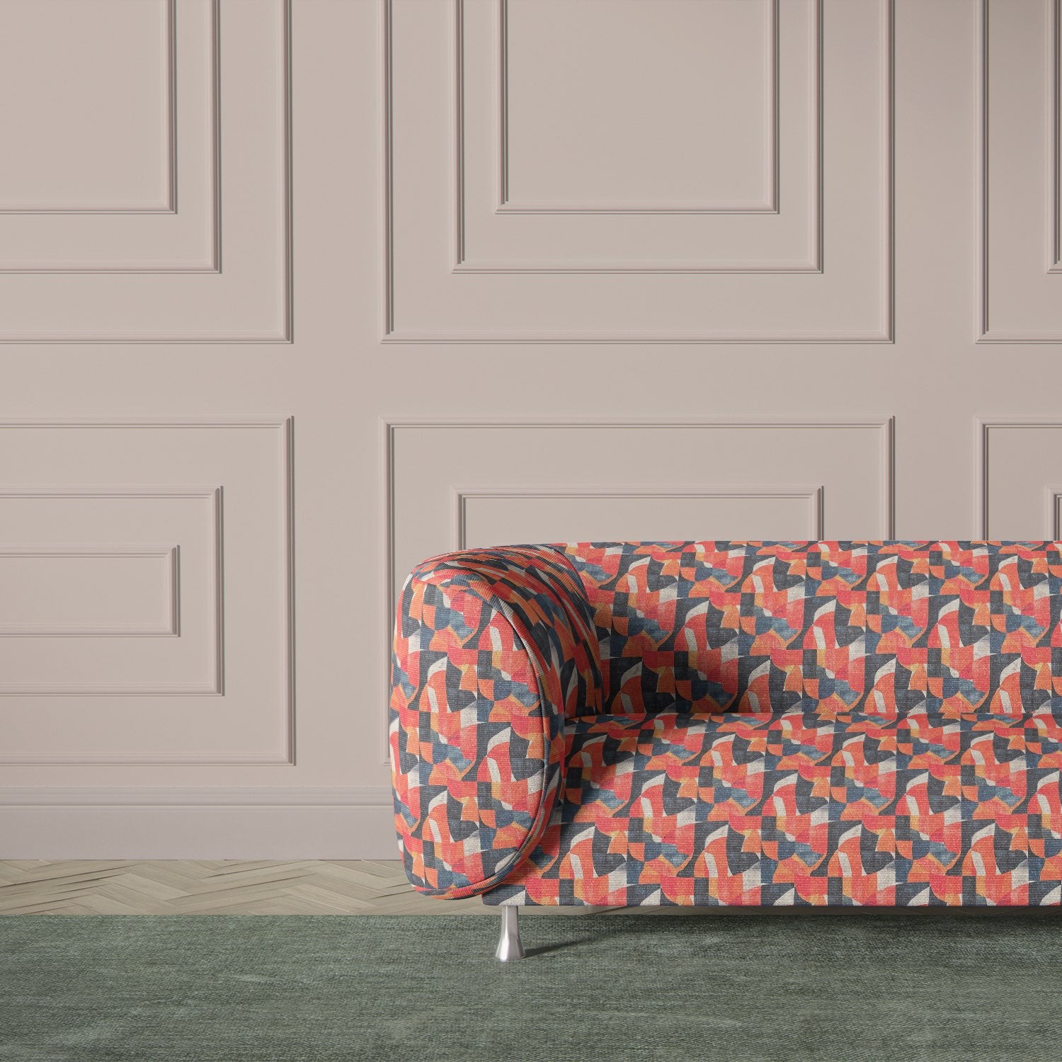 Bold statement armchair upholstered in Movements No.8 orange abstract fabric