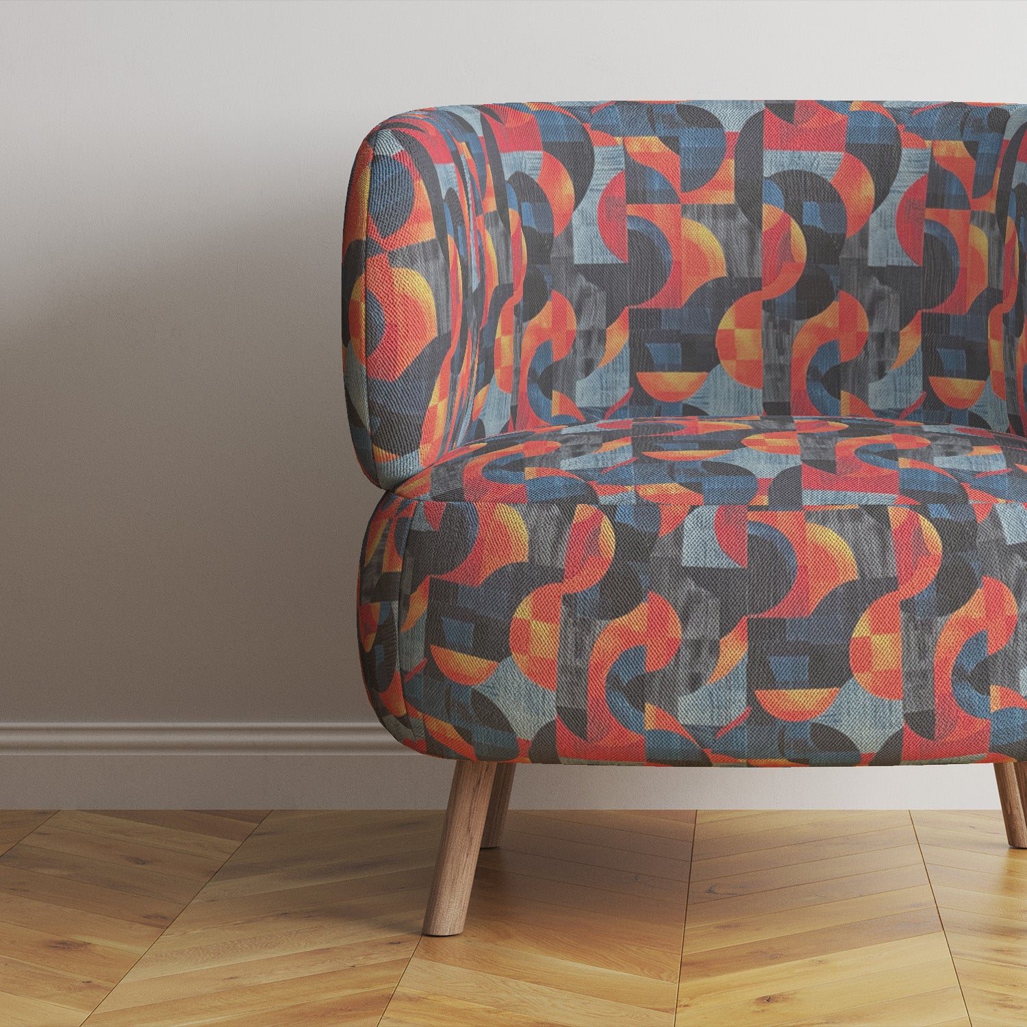 Statement chair in Movements No.9 – bold geometric blue and orange upholstery fabric