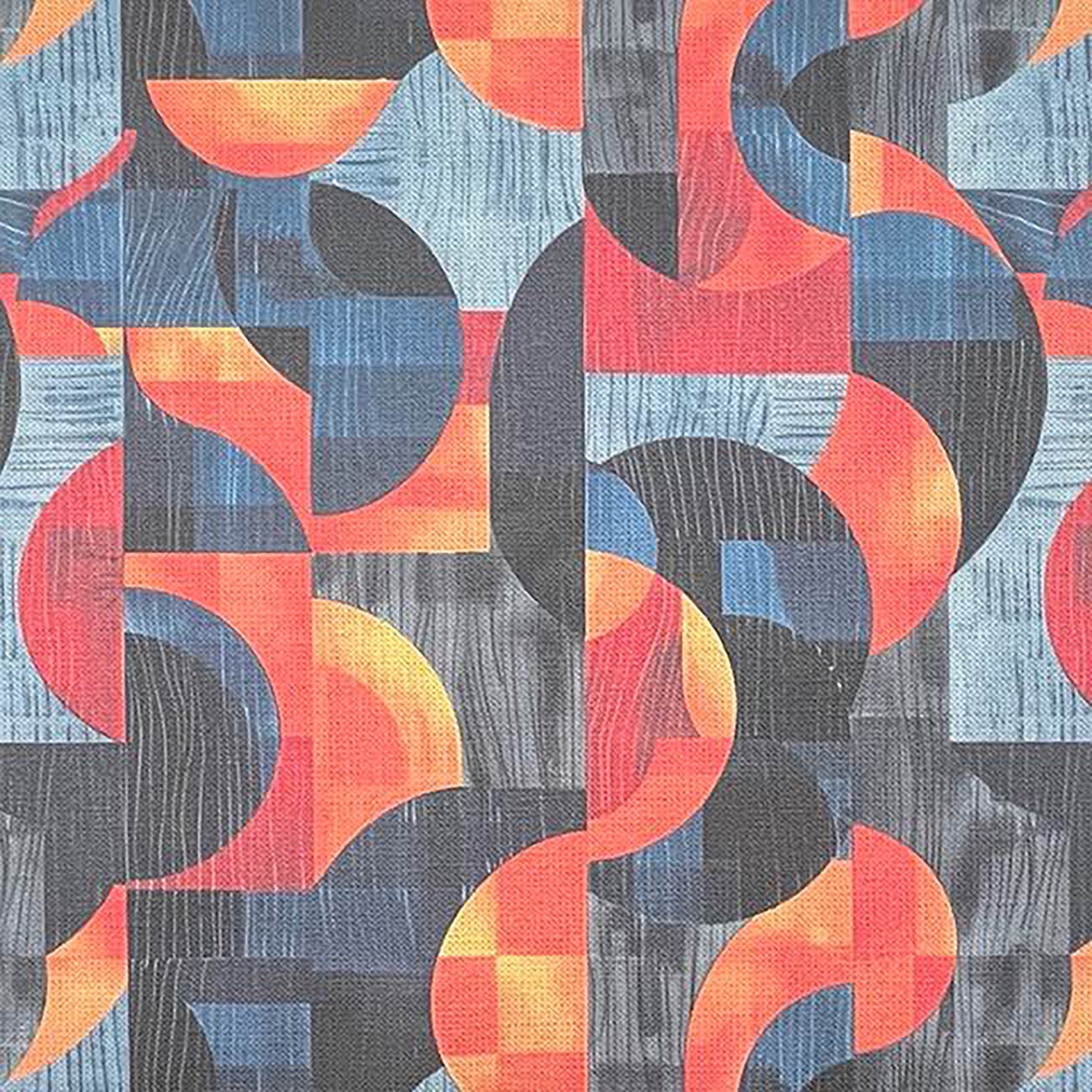 Blue upholstery fabric with abstract orange and curved forms – Movements No.9 flat lay