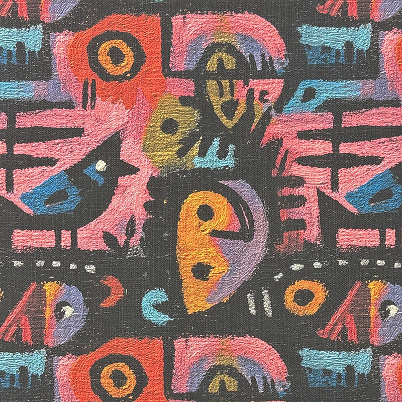 Abstract statement upholstery fabric inspired by Paul Klee with stylised birds, geometric symbols and pink multicoloured artistic detailing