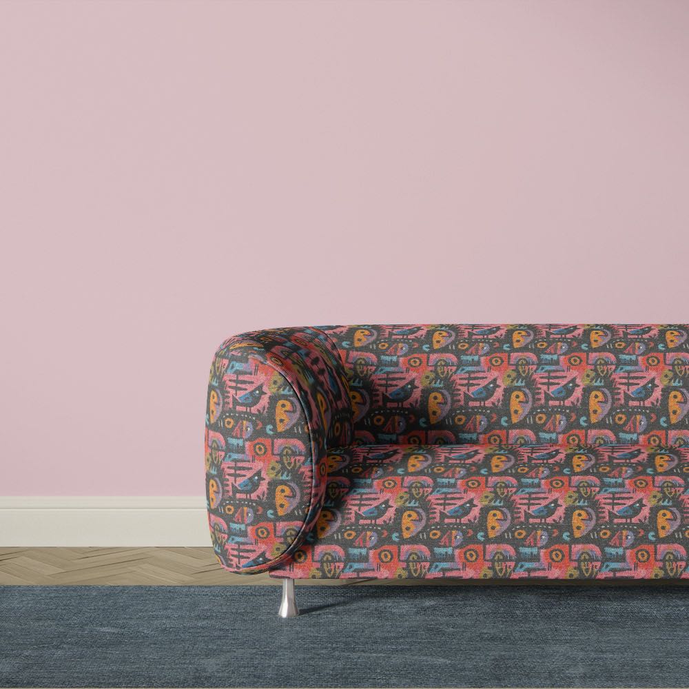 Modern pink abstract upholstery fabric sofa featuring symbolic geometric print inspired by Paul Klee artwork