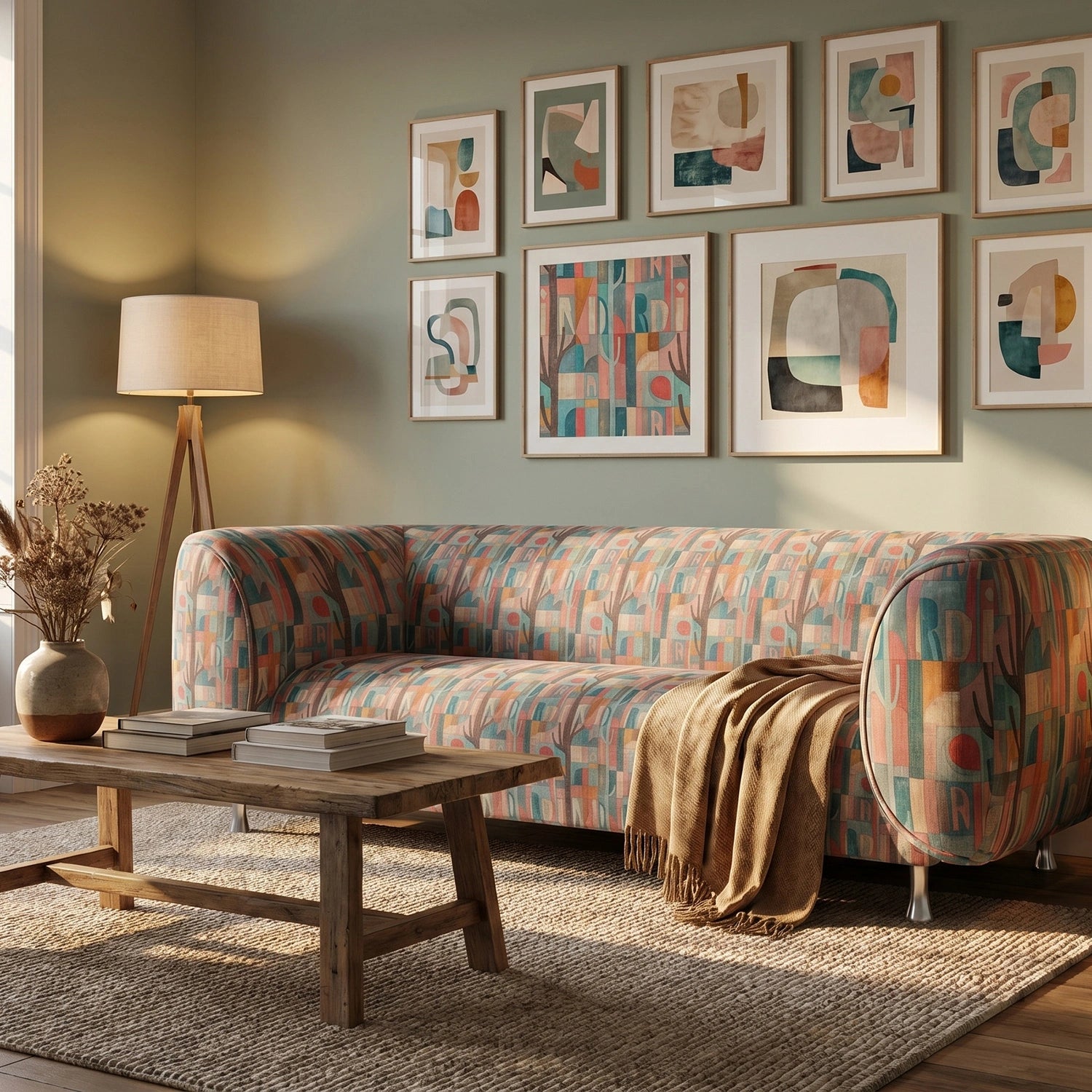 Abstract upholstery fabric inspired by Paul Klee artwork with geometric shapes and muted pastel tones upholstered onto contemporary curved sofa