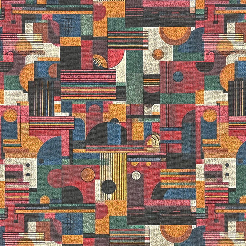 Abstract statement upholstery fabric inspired by Paul Klee with layered geometric architecture in coral, navy and multicoloured tones