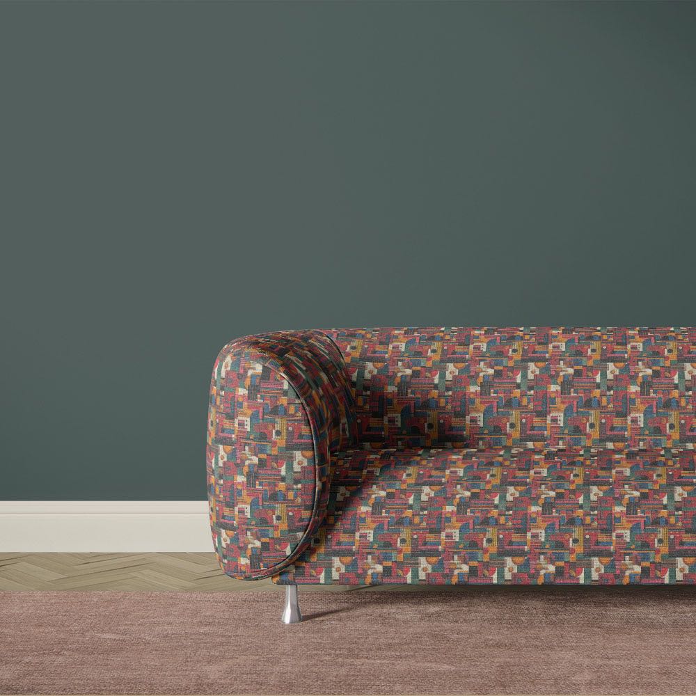 Modern multicoloured abstract upholstery fabric sofa featuring geometric architectural print inspired by Paul Klee artwork