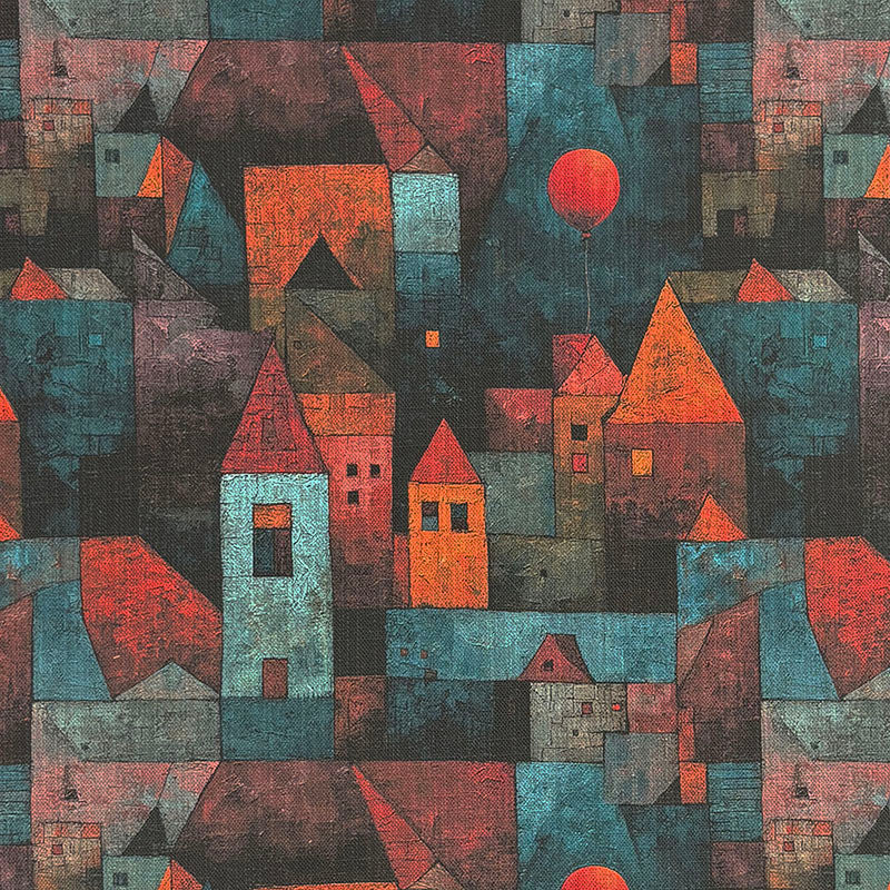 Abstract statement upholstery fabric inspired by Paul Klee with geometric village pattern in teal blue and terracotta tones