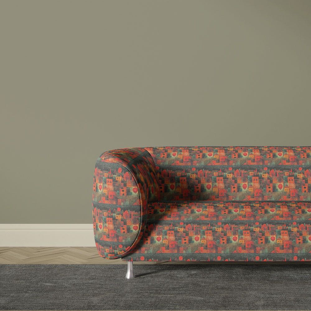 Orange abstract upholstery fabric sofa featuring Paul Klee inspired geometric architectural design with warm terracotta tones