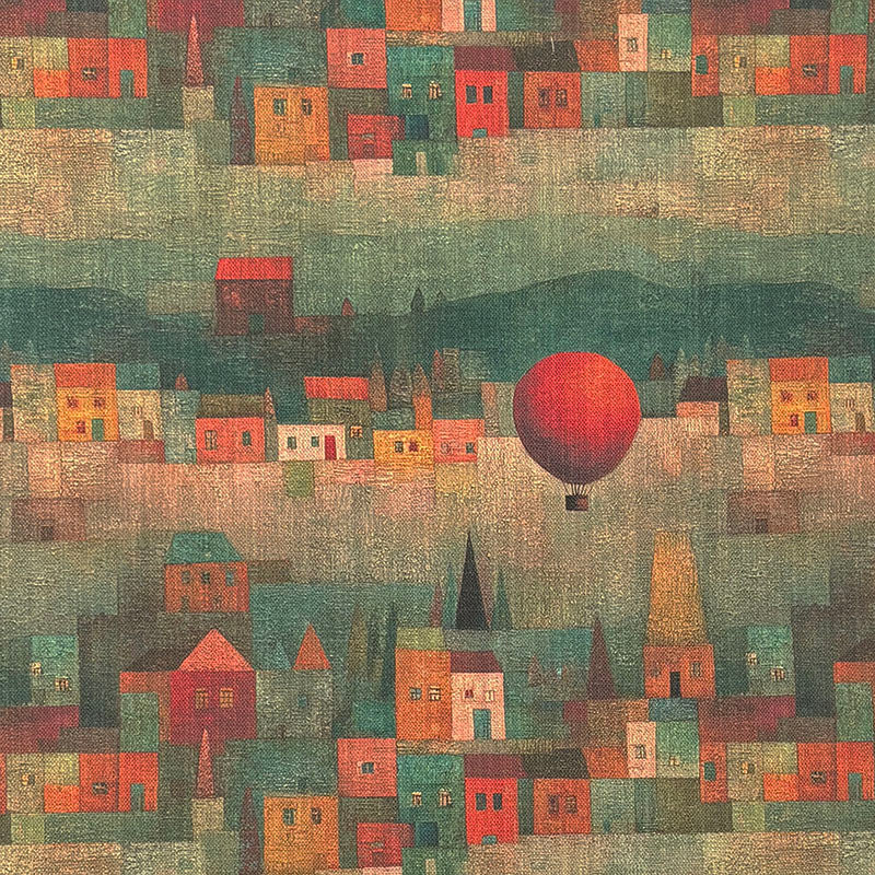 Abstract statement upholstery fabric with Paul Klee inspired geometric landscape design in sage green, coral orange and teal tones