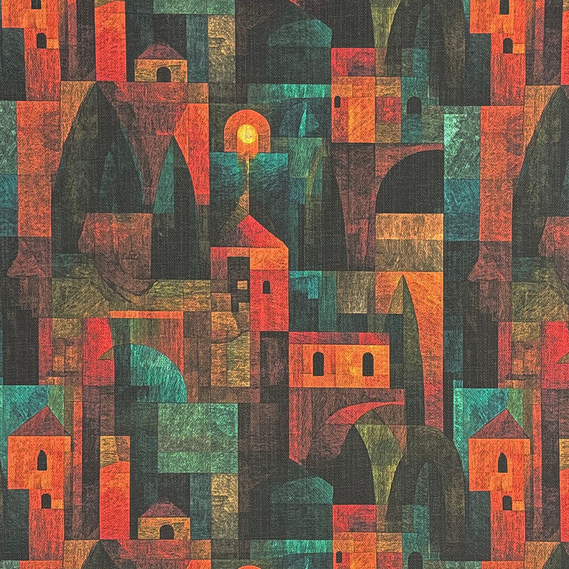 Abstract statement upholstery fabric inspired by Paul Klee featuring geometric arches and architectural forms in teal, burnt orange and charcoal tones