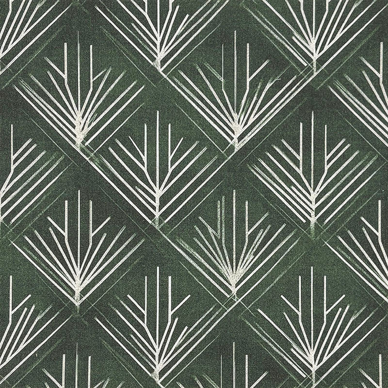 Art Nouveau upholstery fabric in green with repeating leaf fan pattern in off-white creating a structured geometric design