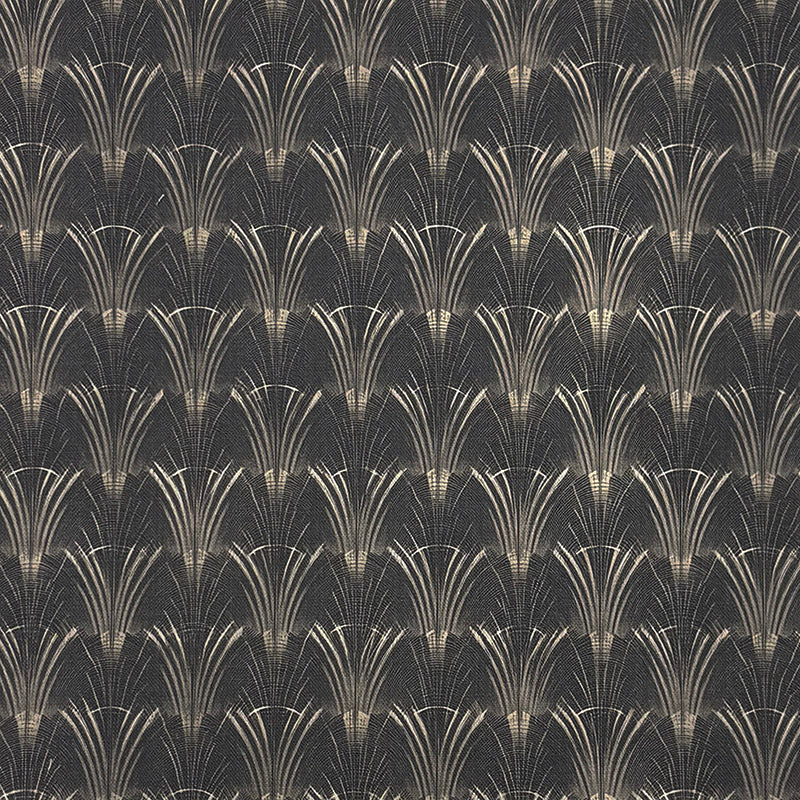Art Nouveau upholstery fabric in black with repeating fan motif pattern in soft neutral tones creating a structured decorative design