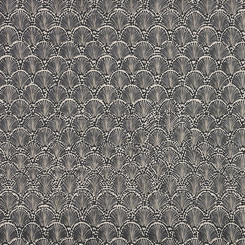 Art Nouveau upholstery fabric with repeating scallop fan pattern in black and neutral tones with intricate line detailing