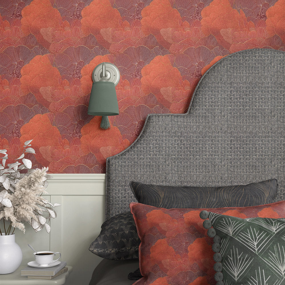 Art Nouveau upholstery fabric headboard featuring monochrome fan pattern with detailed linework in a sophisticated bedroom setting