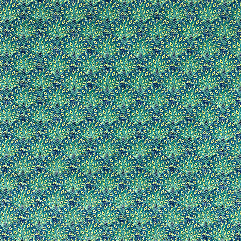 Art Nouveau velvet upholstery fabric featuring decorative green and blue leaf motifs arranged in an elegant geometric fan pattern