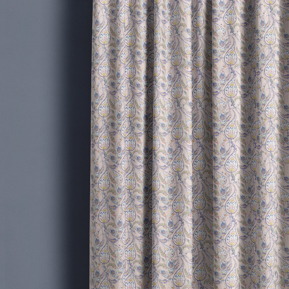 Paisley No.1 linen curtain fabric made into flowing curtains showing decorative paisley pattern with soft multicoloured botanical accents