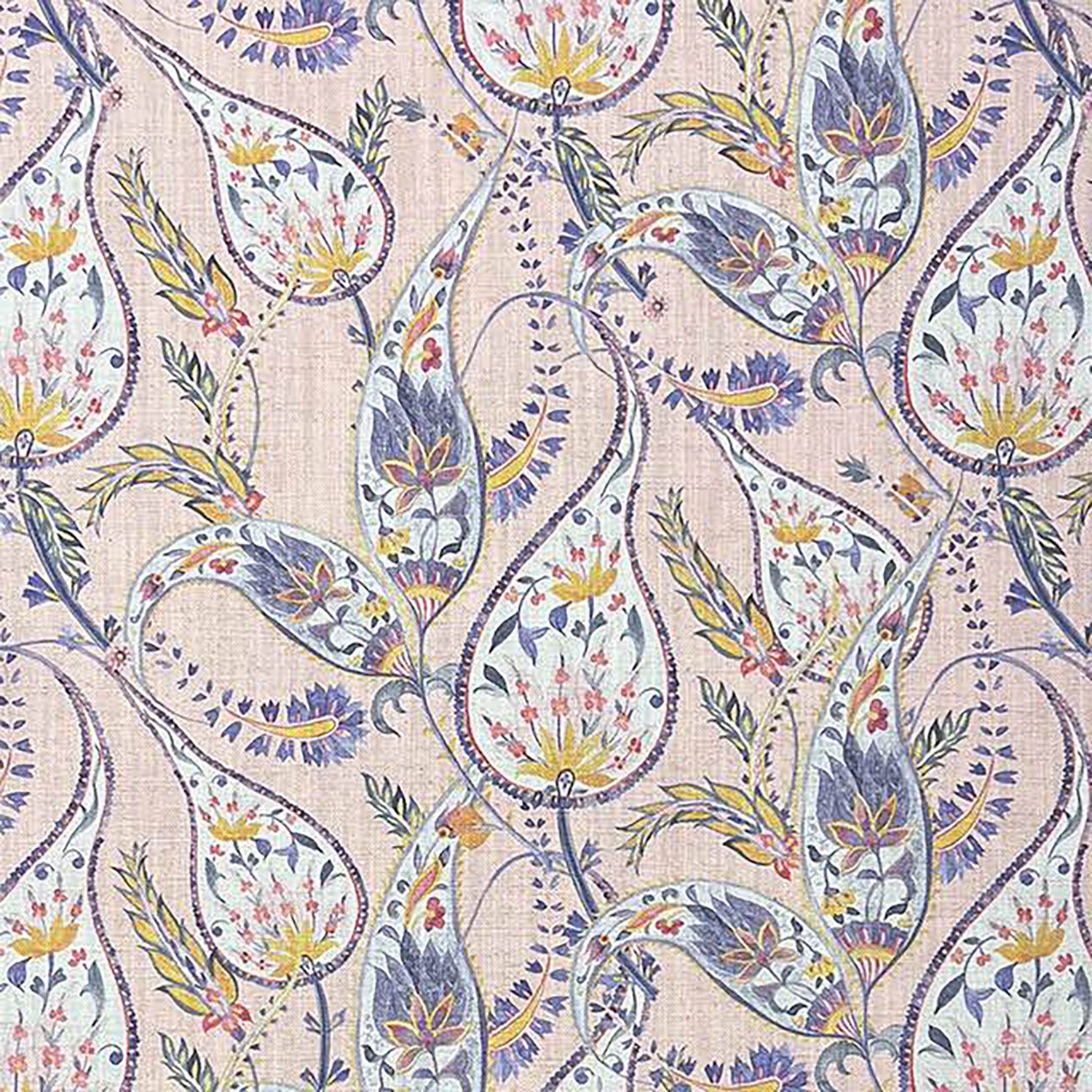 Paisley No.1 linen curtain fabric flat view featuring pastel paisley motifs with floral detailing on a soft neutral background