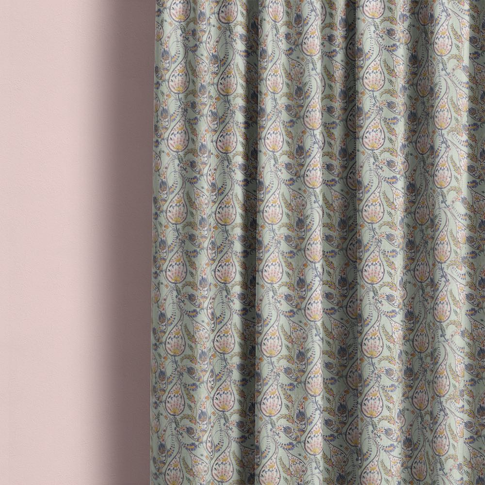 Paisley No.3 linen curtain fabric made into flowing curtains displaying soft drape and decorative paisley design in duck egg tones