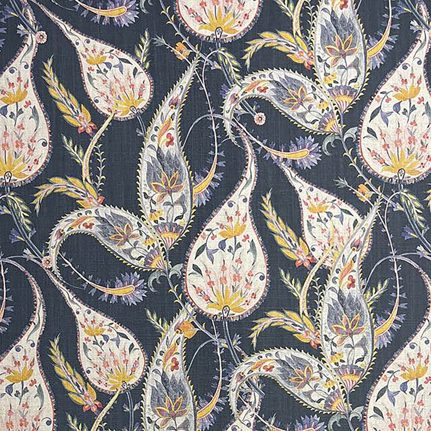Paisley No.4 Linen Curtain Fabric – navy paisley curtain fabric with intricate floral teardrop motifs
