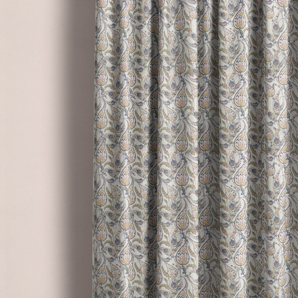 Paisley No.5 linen curtain fabric made into curtains showing soft drape and detailed paisley design in a styled interior
