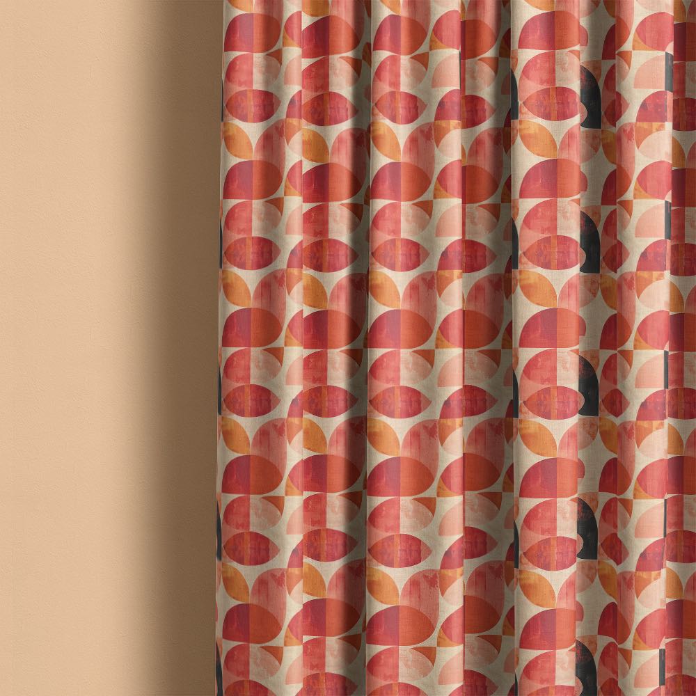 Palette No.2 linen geometric curtain fabric in situ displaying bold red curved motifs and soft flowing drape