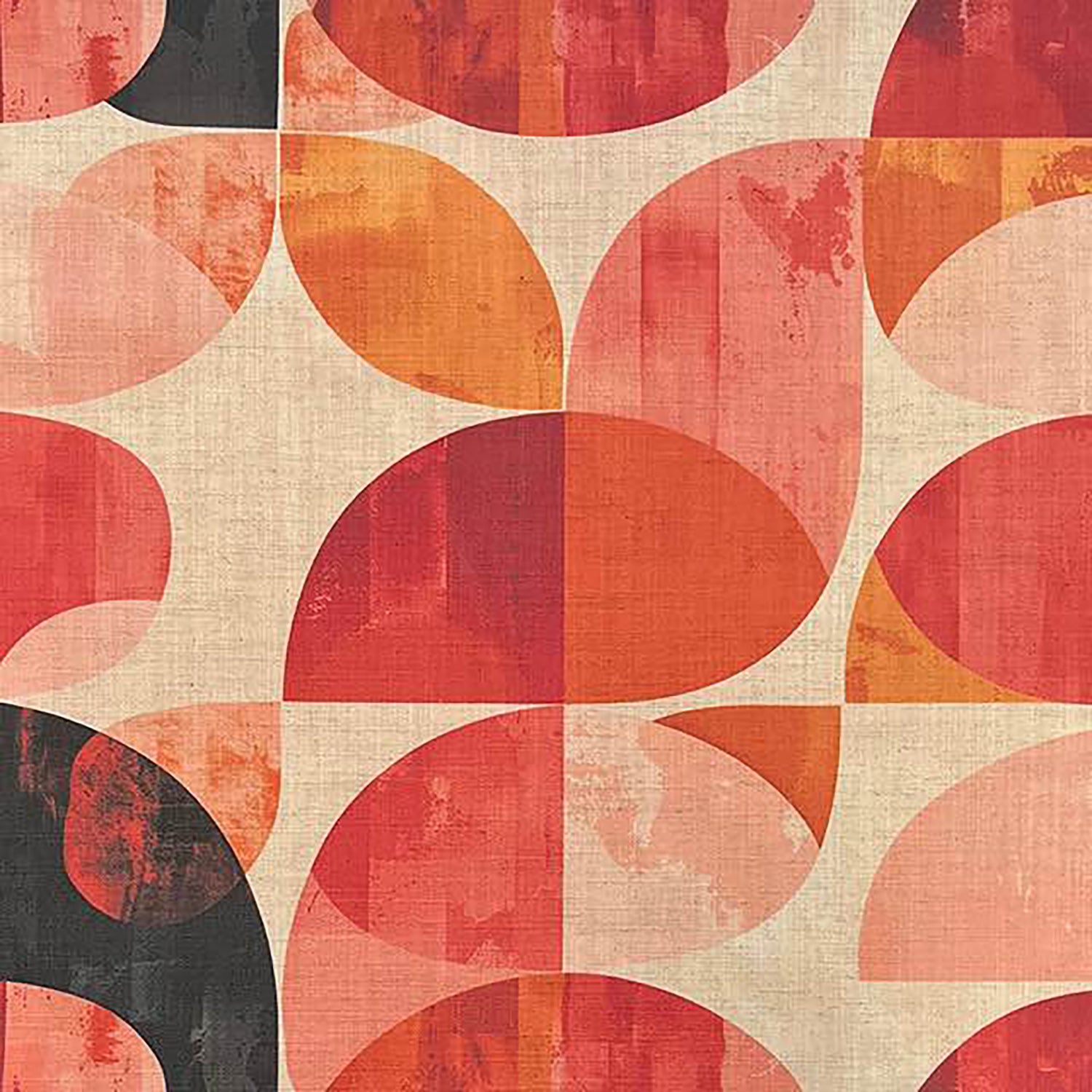 Palette No.2 geometric linen curtain fabric flat view showing red and terracotta abstract pattern on natural basecloth