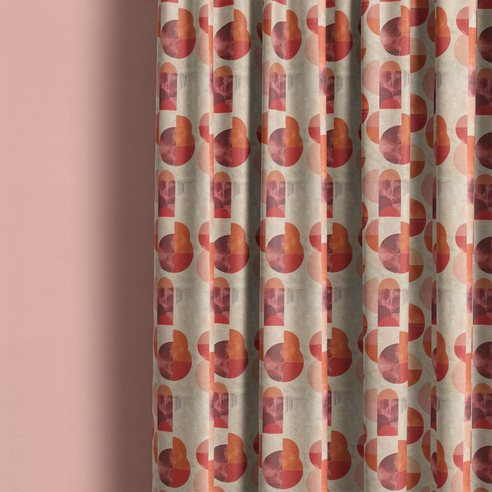 Palette No.3 geometric linen curtain fabric hanging in soft neutral and terracotta tones for modern interior window styling