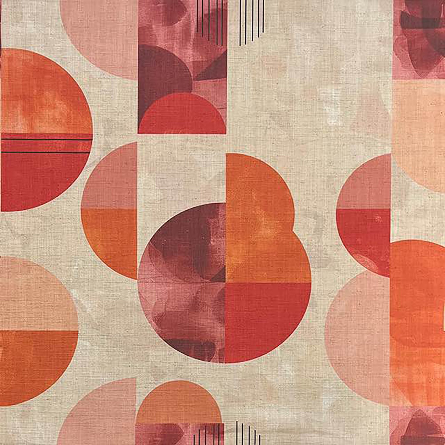 Palette No.3 linen geometric curtain fabric close-up showing abstract circular shapes in warm red, beige and earthy neutral shades