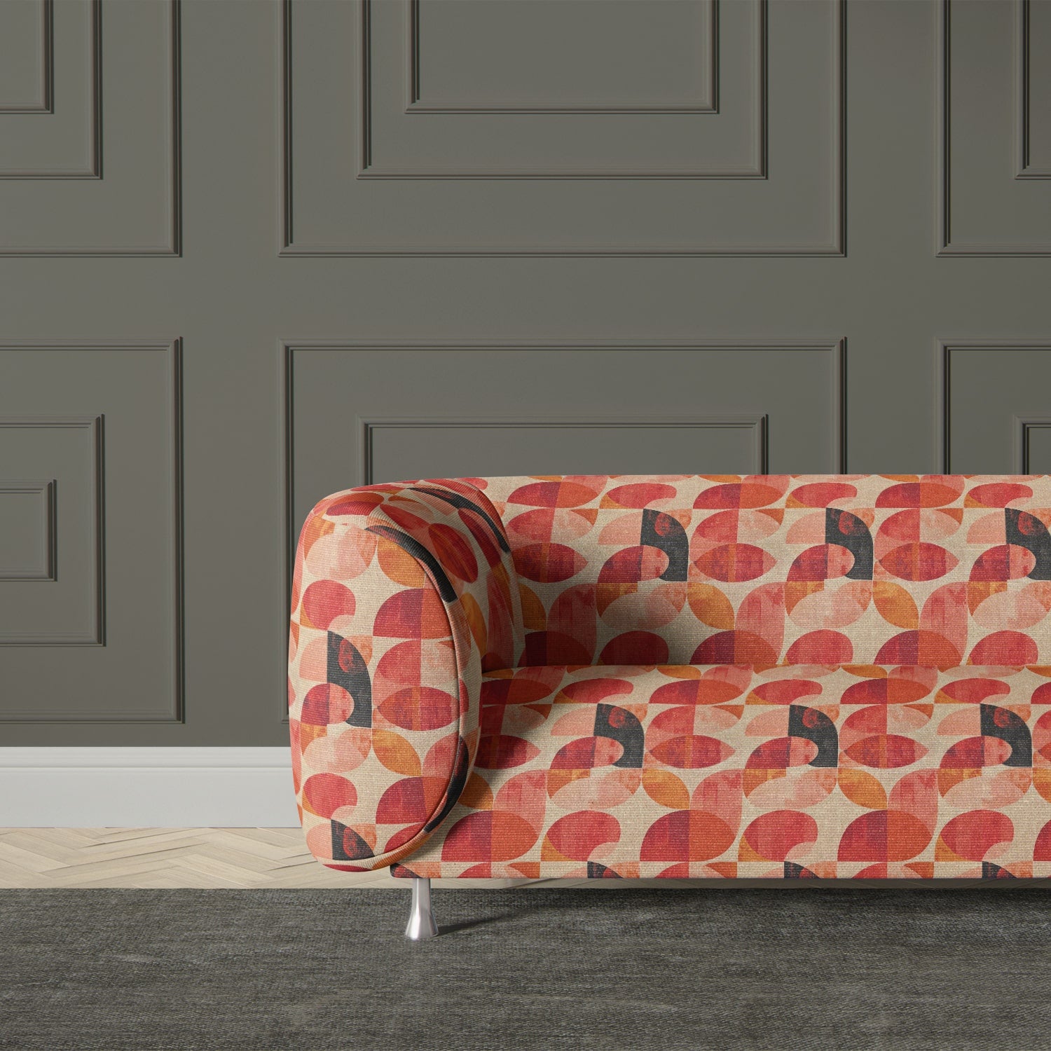 Bold sofa in Palette No.2 – abstract orange upholstery fabric for modern interiors
