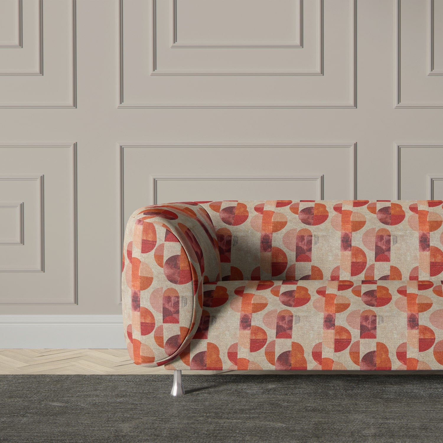Sofa upholstered in Palette No.3 – painterly neutral fabric with curved design