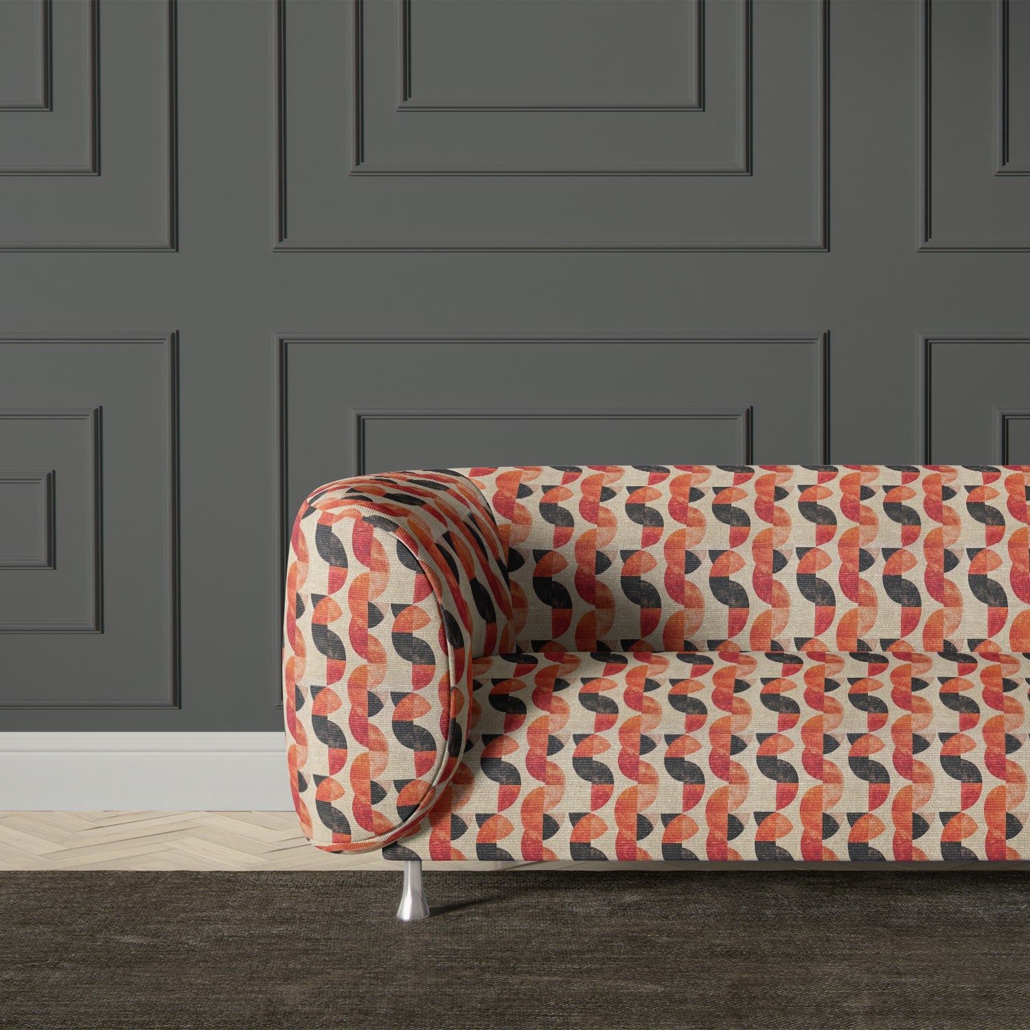 Modern sofa upholstered in Palette No.4 – bold warm-toned fabric