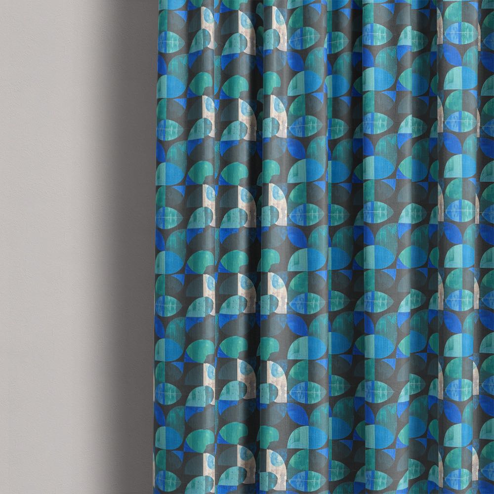 Palette No.6 geometric linen curtain fabric in blue and teal tones shown as full length curtains with modern abstract pattern