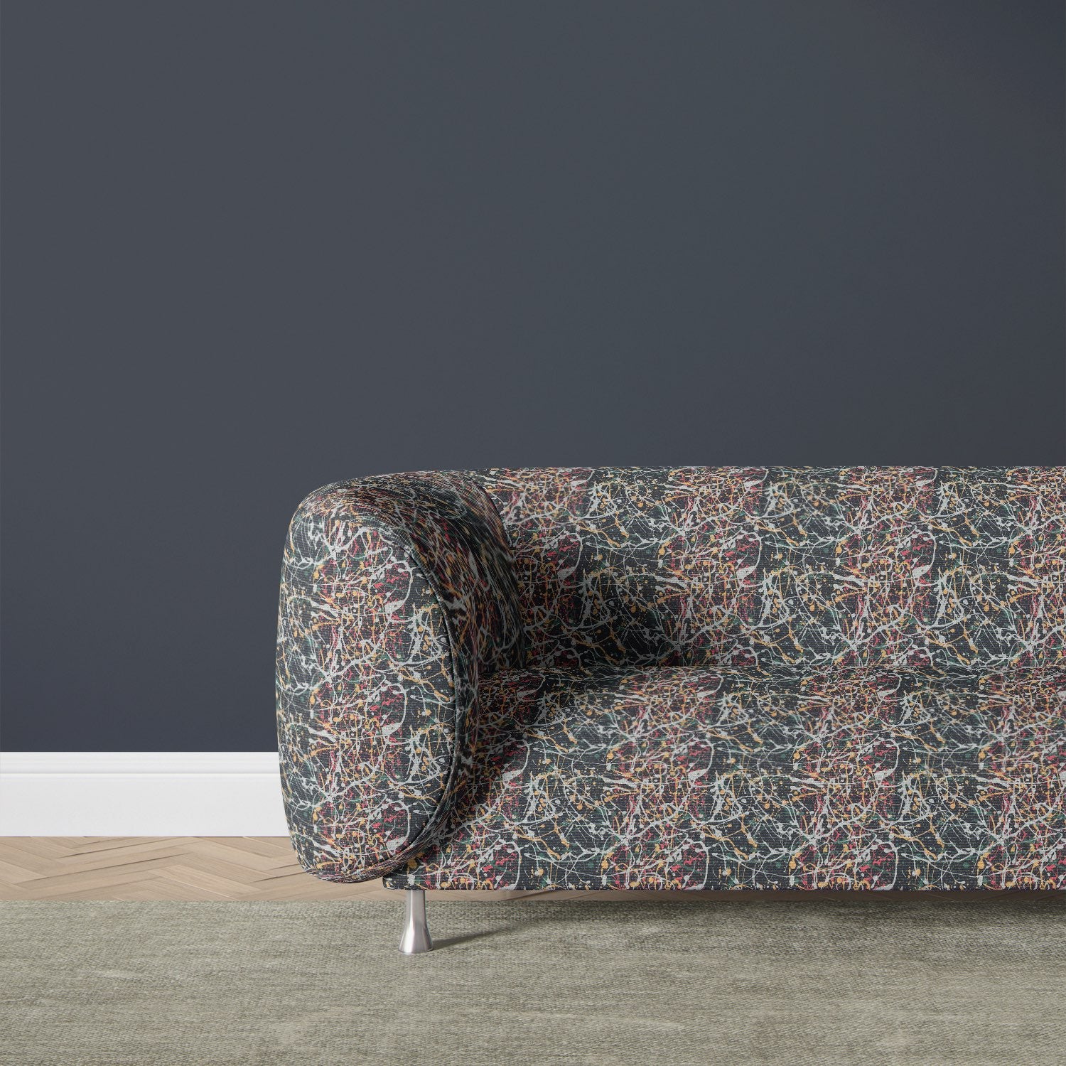 Pattern No.3 fabric styled on scalloped chair in black with painterly strokes