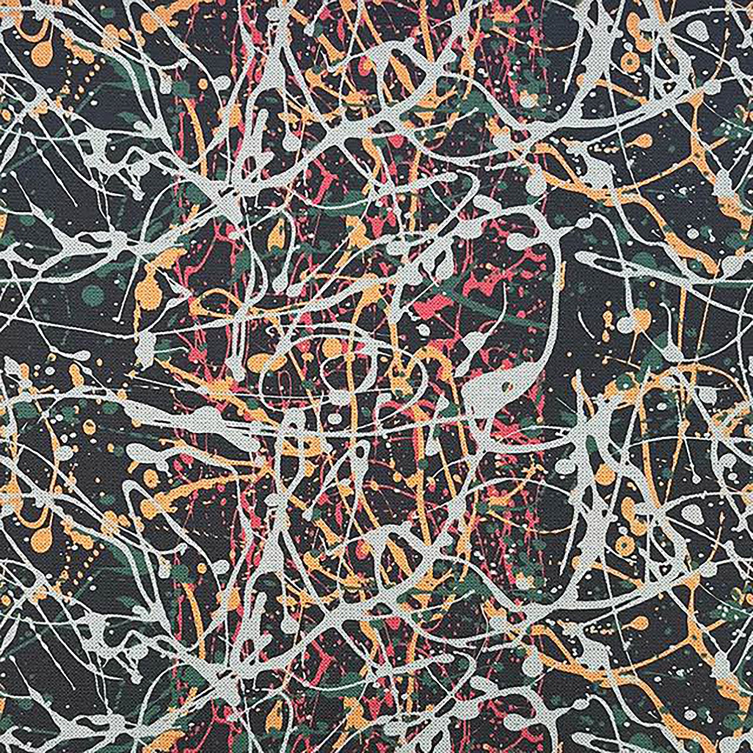 Black abstract paint-splatter upholstery fabric with ochre and white lines – Pattern No.3