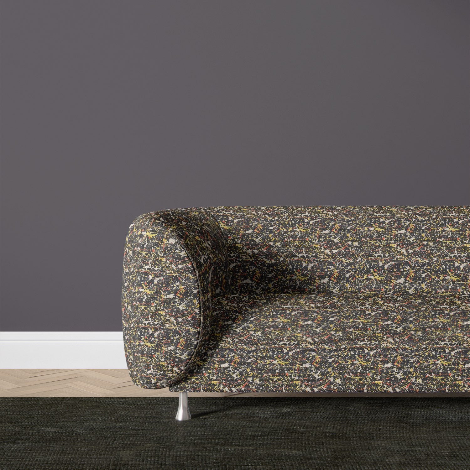 Upholstered scalloped chair in Pattern No.4 fabric – bold abstract upholstery