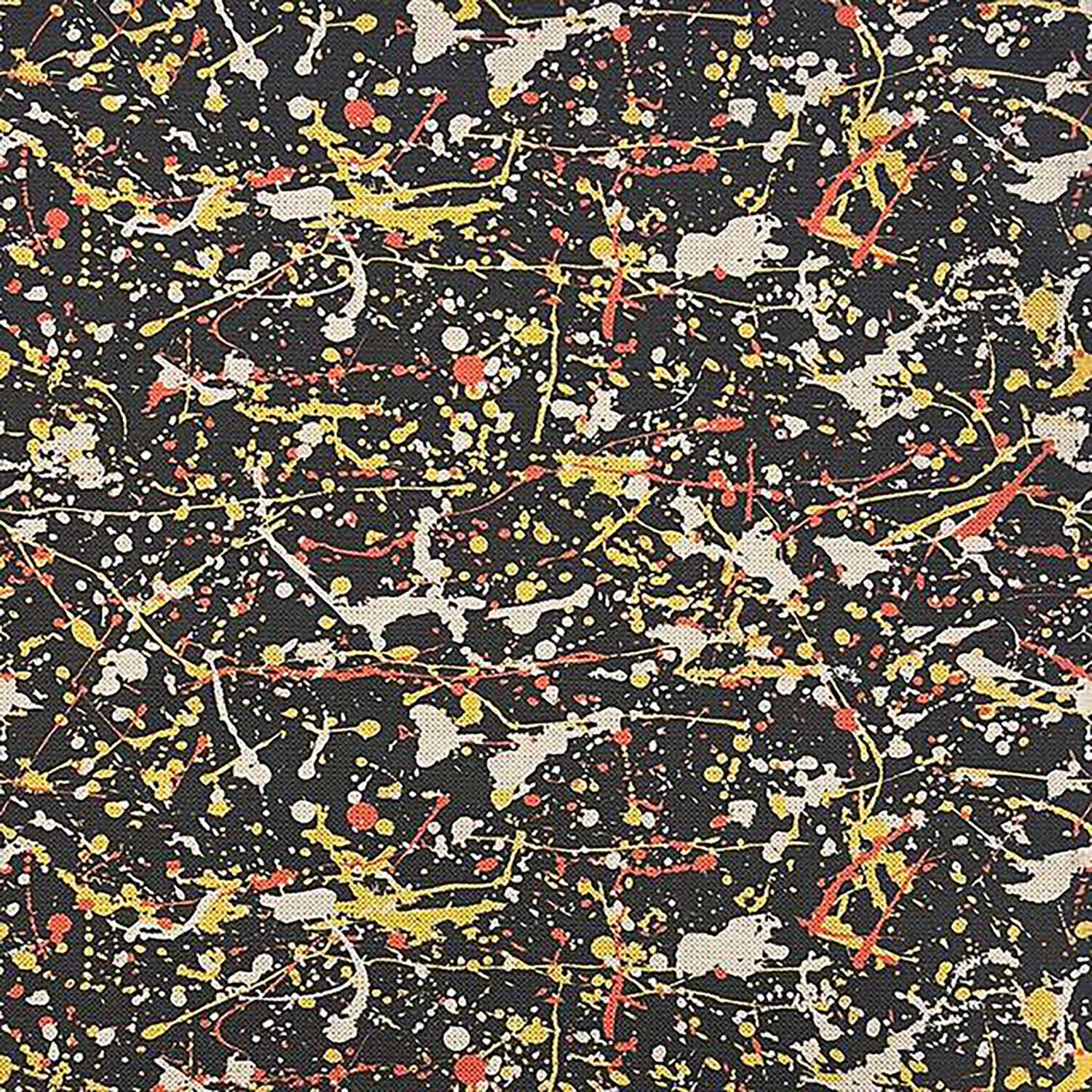 Black upholstery fabric with yellow and coral paint splatter – Pattern No.4 flat lay