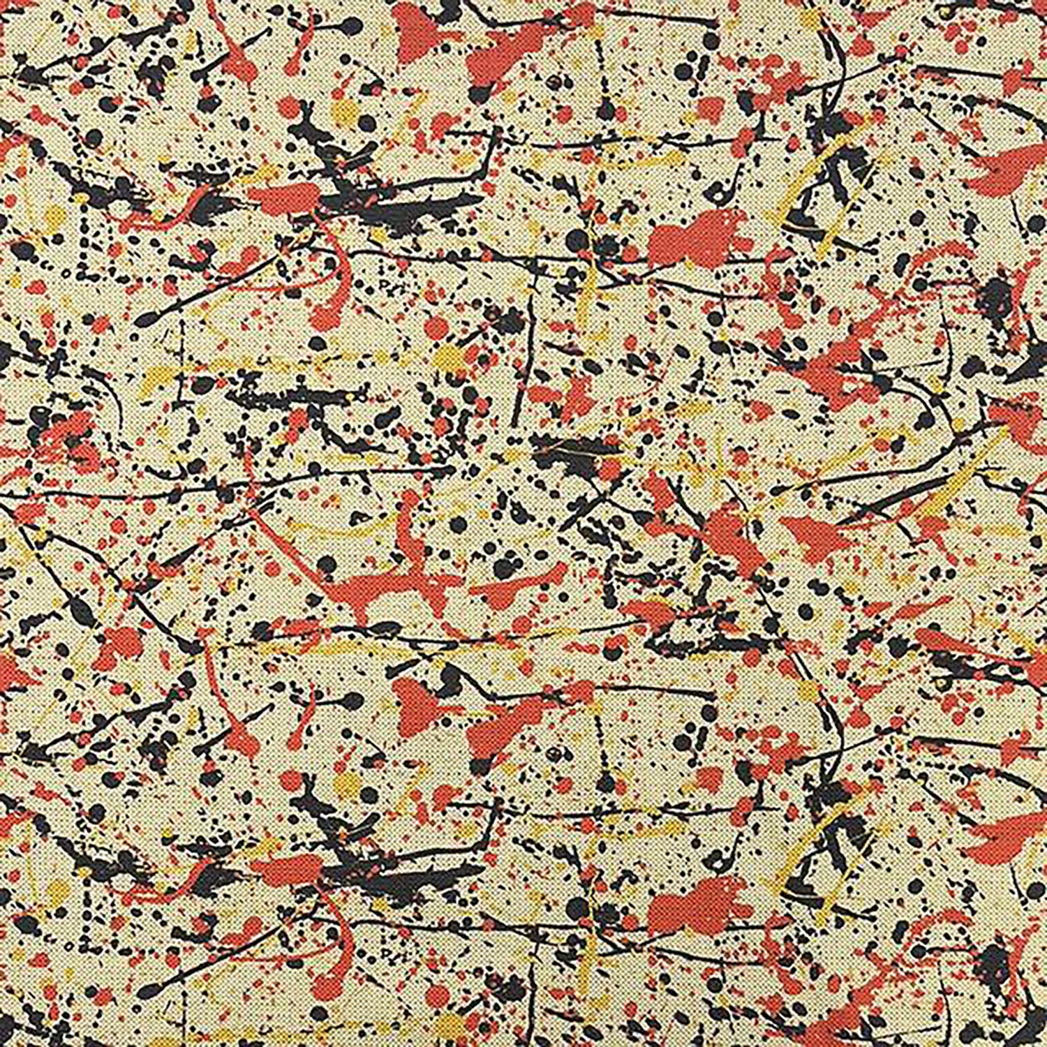 Cream upholstery fabric with abstract red and black paint splatter – Pattern No.5 flat lay