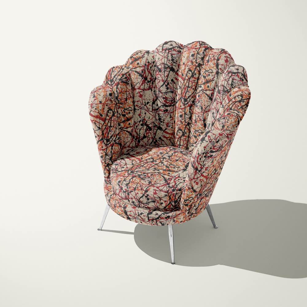 Pattern No.6 fabric on shell chair – bold black upholstery fabric for seating