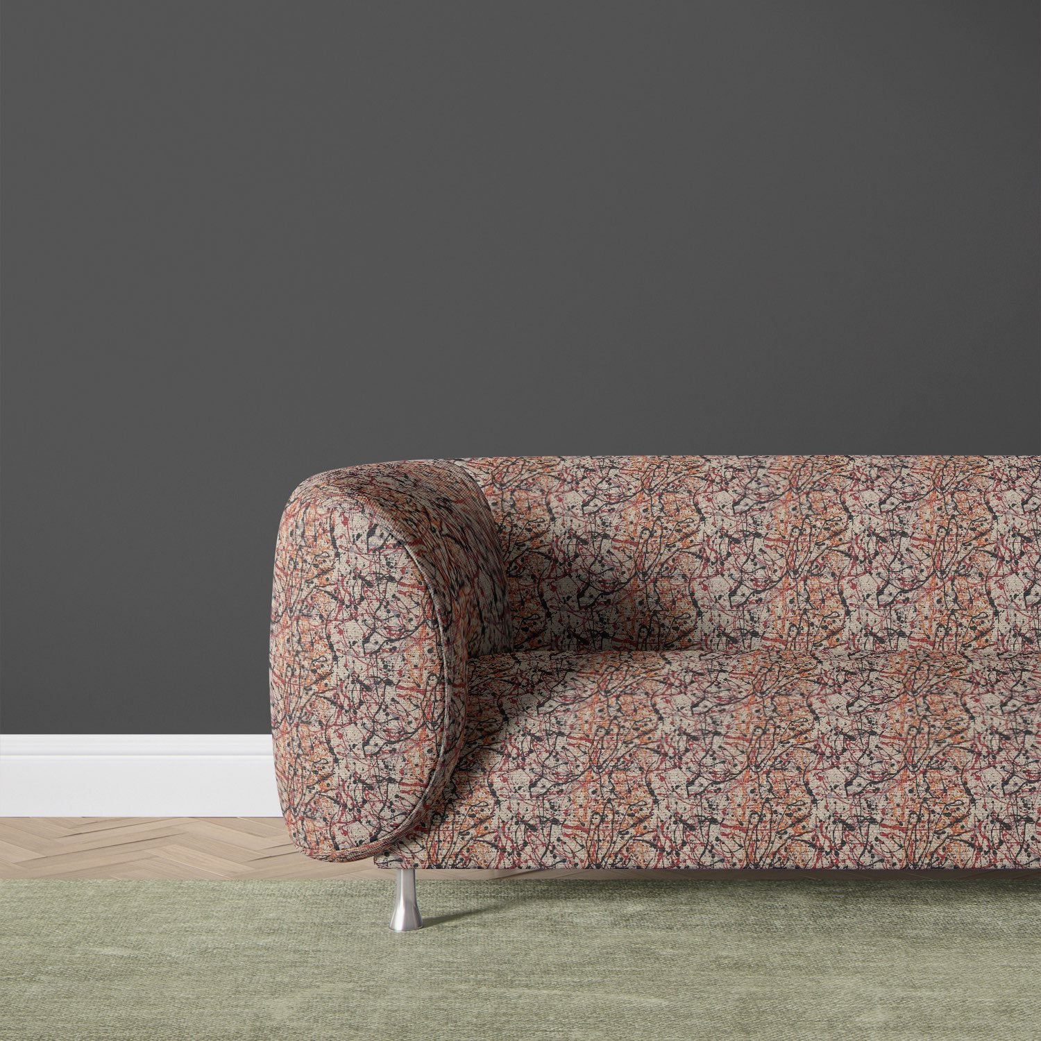 Pattern No.6 fabric on shell chair – bold black upholstery fabric for seating