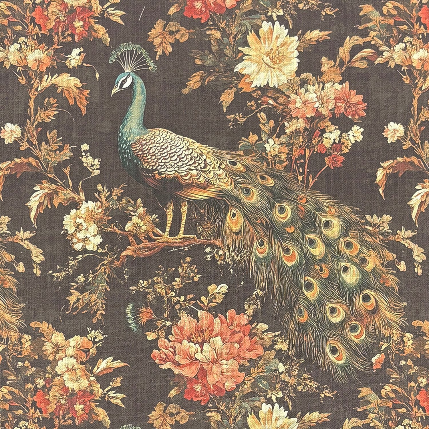 Pavone No.10 Peacock Curtain Fabric flat view featuring peacocks, floral branches and botanical detailing on linen
