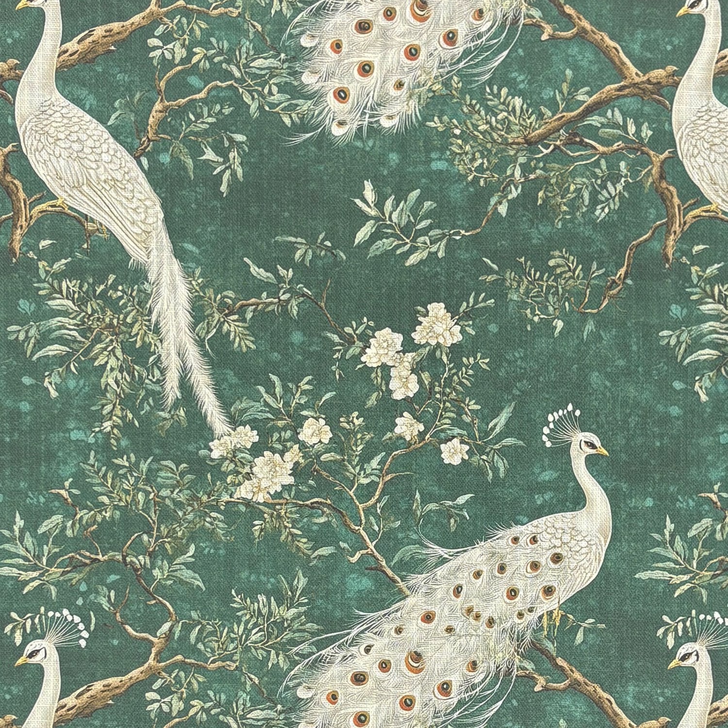 Pavone No.11 linen curtain fabric flat image featuring ivory peacocks on jade green background with flowering branches and botanical detailing