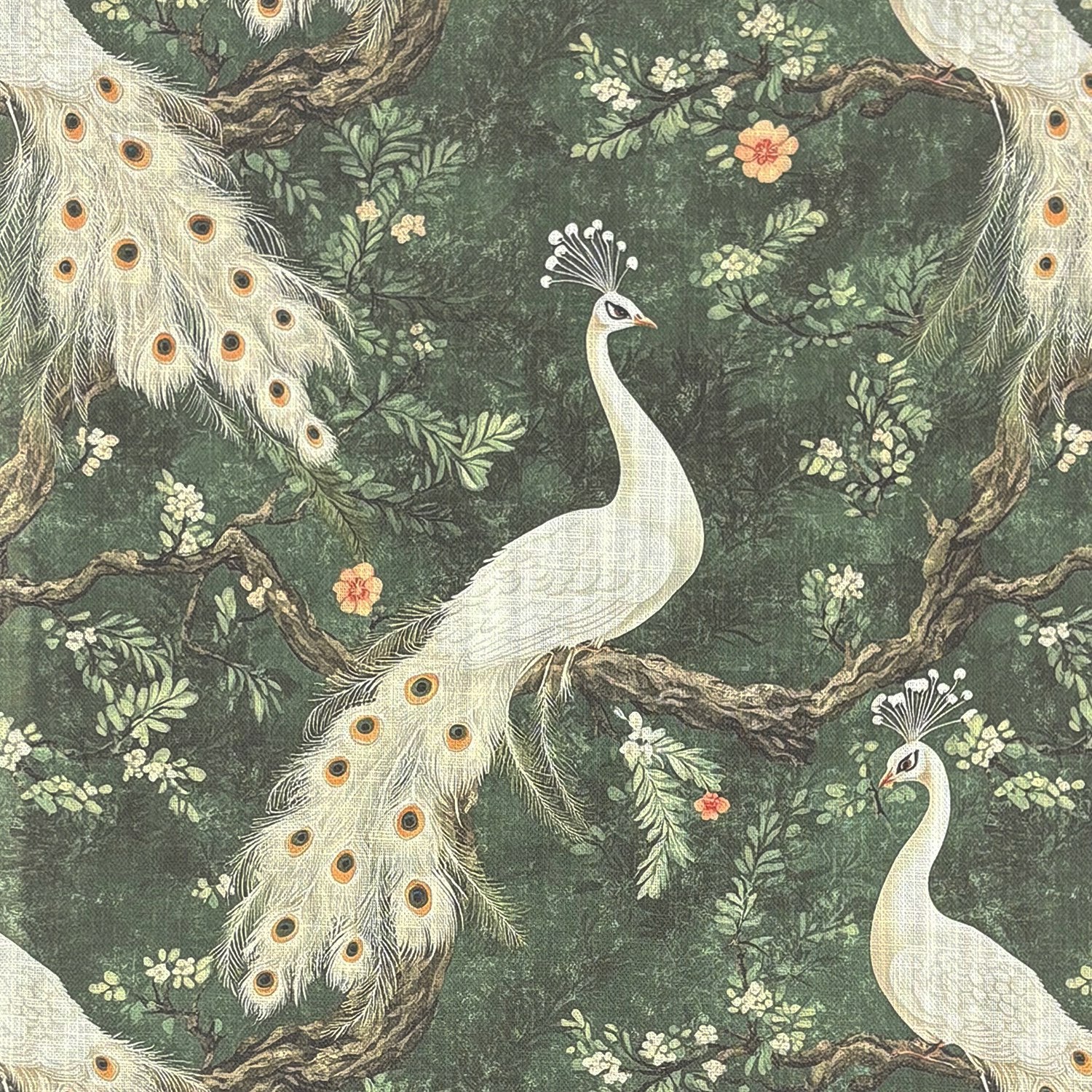 Pavone No.12 peacock curtain fabric featuring white peacocks on sage green linen with botanical branches and floral detailing