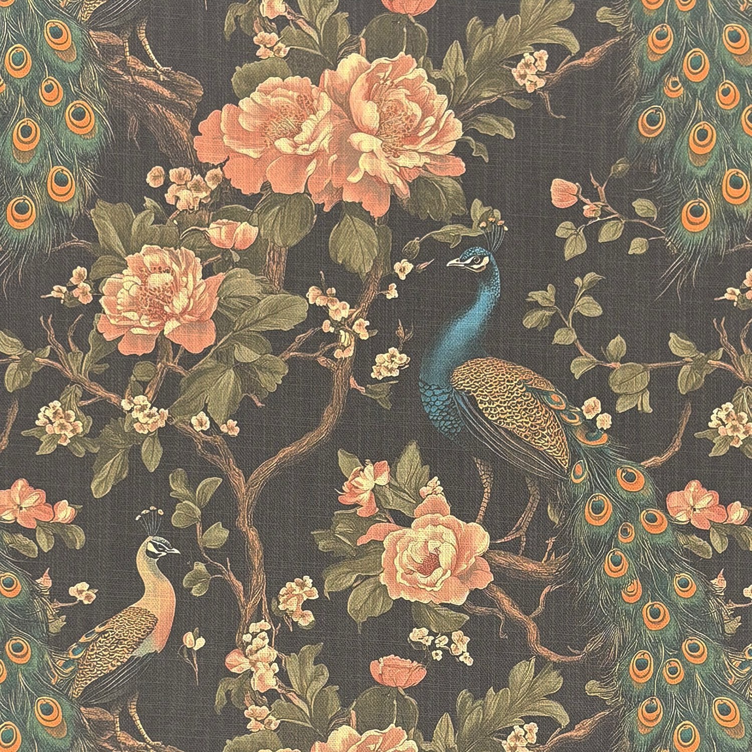 Pavone No.5 peacock curtain fabric flat view showing floral branches and detailed peacock motifs on dark linen basecloth