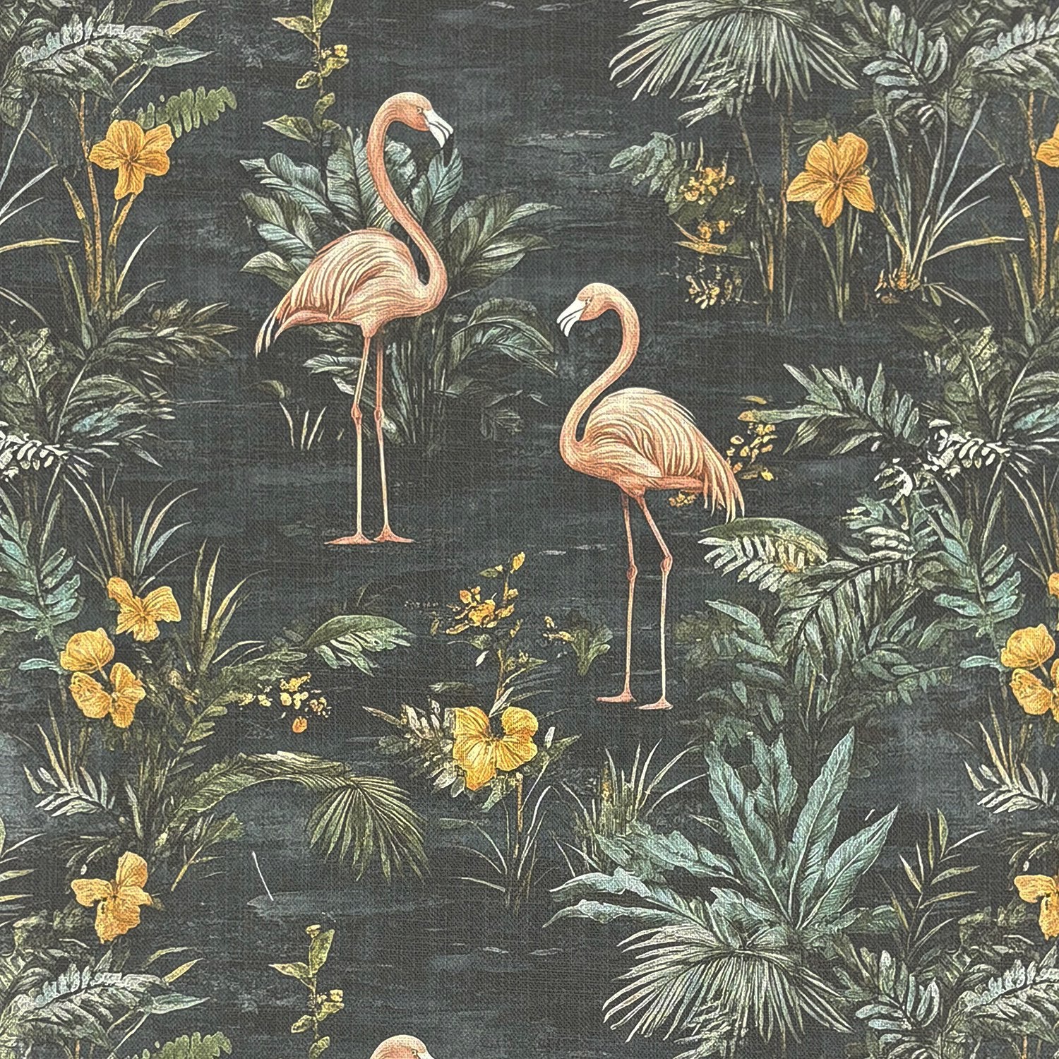Pavone No.8 Linen Curtain Fabric flat view featuring flamingos, tropical foliage and botanical details on textured linen curtain fabric