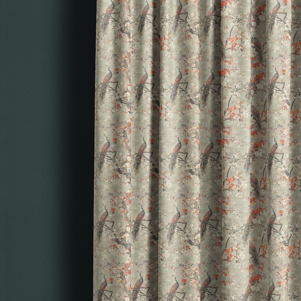 Pavone No.1 peacock curtain fabric made into full length linen curtains with Japanese inspired bird and floral design