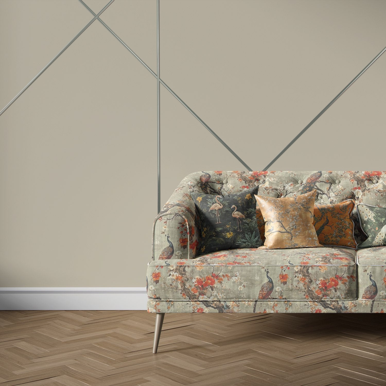 Pavone No.1 bird upholstery fabric used on a curved sofa with decorative peacock and floral pattern