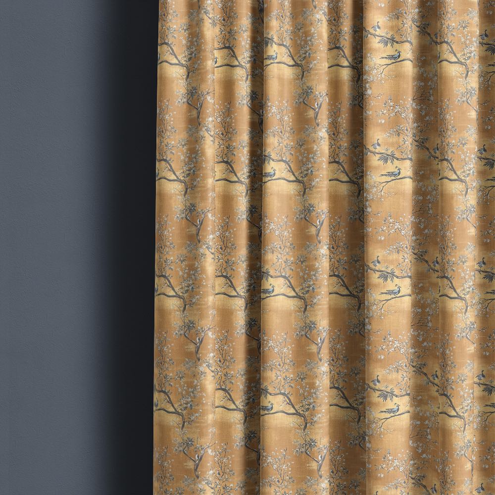 Pavone No.3 peacock curtain fabric made into full length linen curtains with floral branches and bird detailing