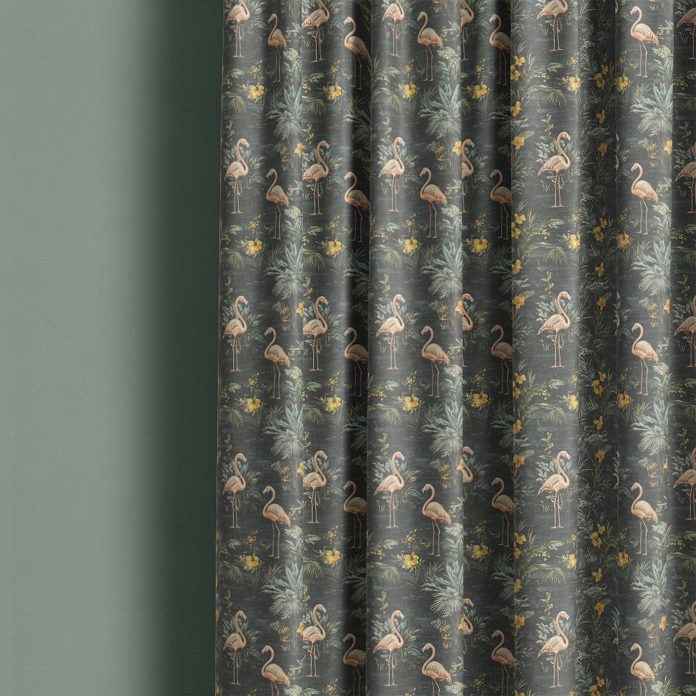 Pavone No.8 Linen Curtain Fabric made into full length curtains showing flamingo and botanical pattern on luxury linen curtain fabric