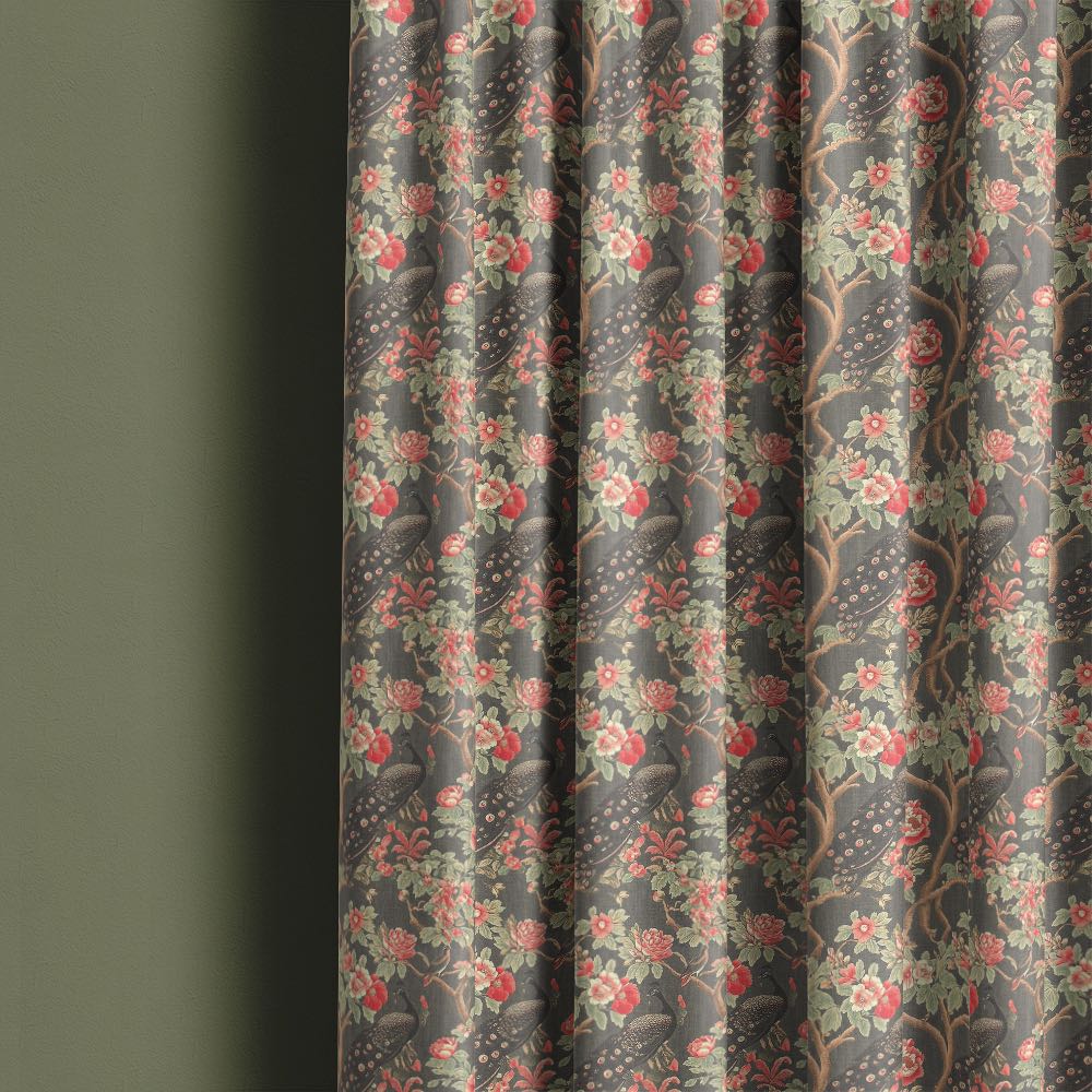 Pavone No.9 Linen Curtain Fabric made into curtains featuring peacock birds and botanical florals