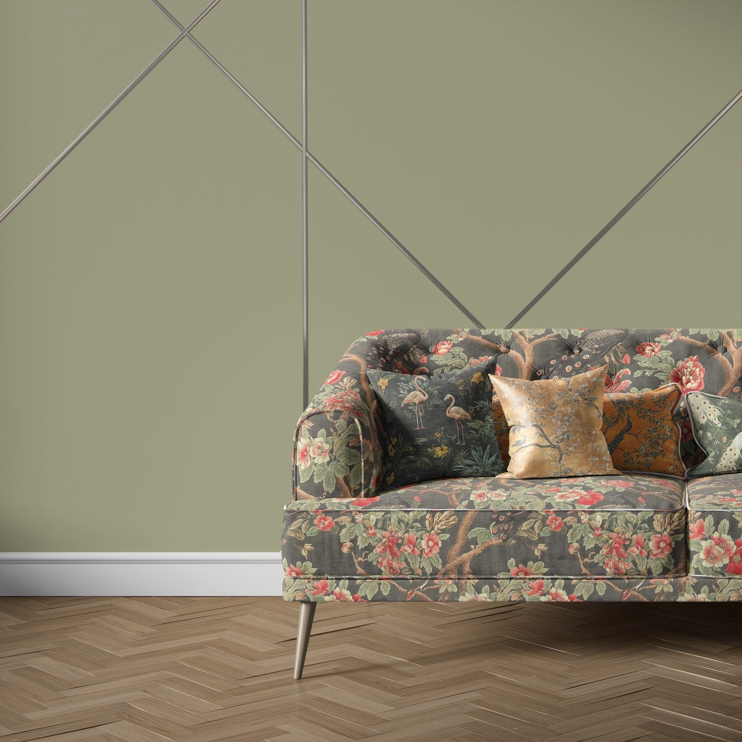 Sofa upholstered in Pavone No.9 upholstery fabric with peacock and peony design
