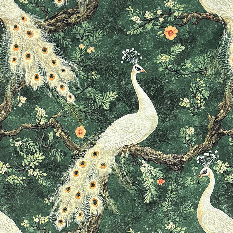 Pavone No.12 sage green Crib5 velvet fabric with ivory peacocks and botanical branches