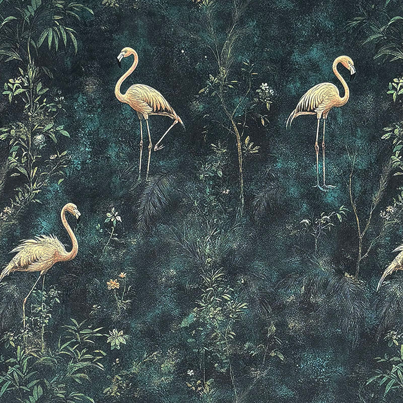Pavone No.2 dark green Crib5 velvet fabric with exotic birds and layered tropical foliage